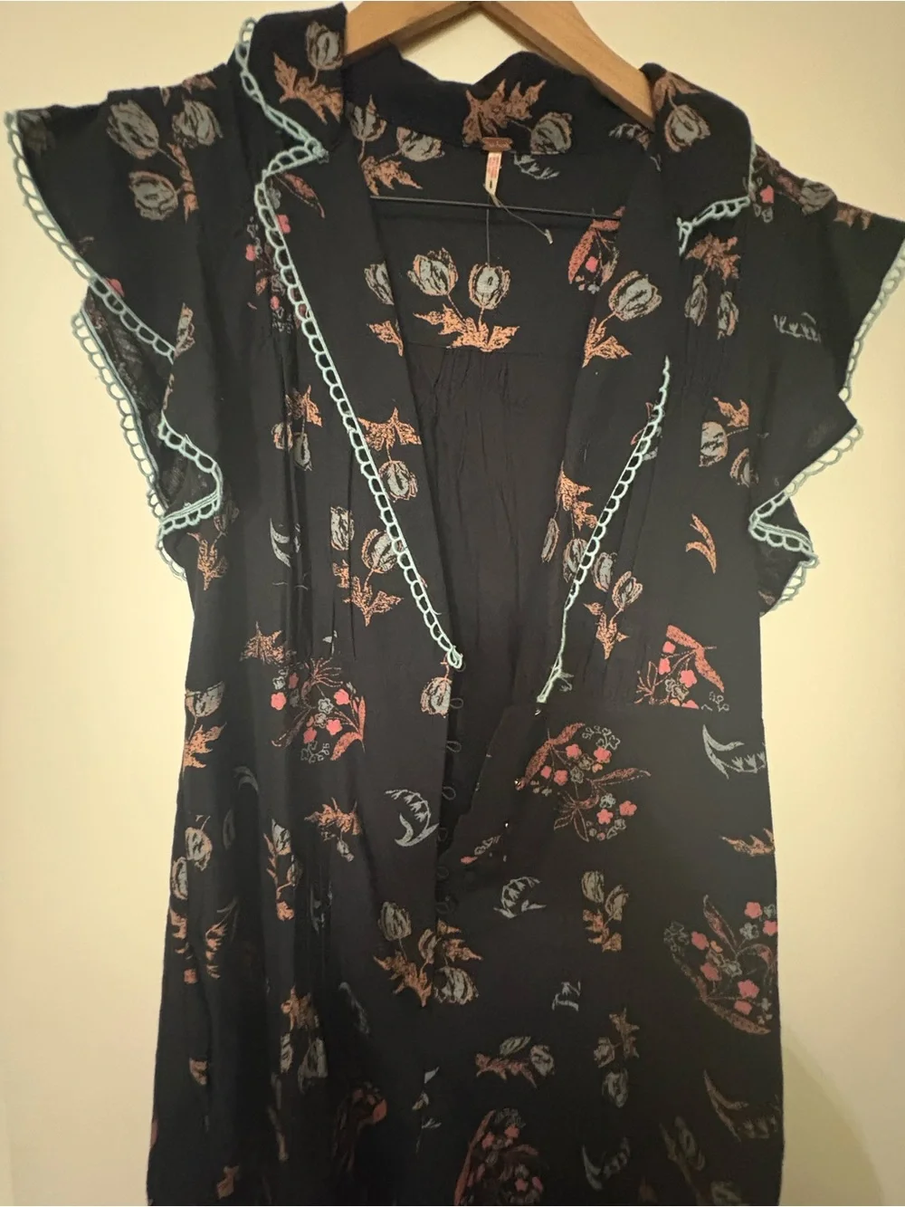 Free People Black Floral V-Notch Mini Dress, cotton